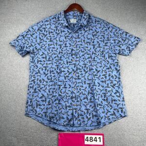 Tenth + Ocean Washable Linen Shirt Blue Leaf Print Button Up Short Sleeve 2XL